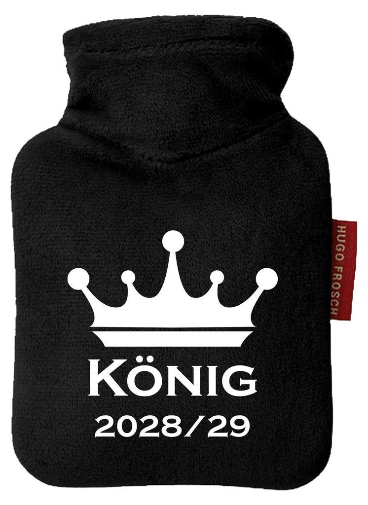 Huuraa Mini-Wärmflasche König 2028/29 Krone Schüztenkönig 0,2 Liter Black Mini Veloursbezug Taschenwärmer Geschenkidee