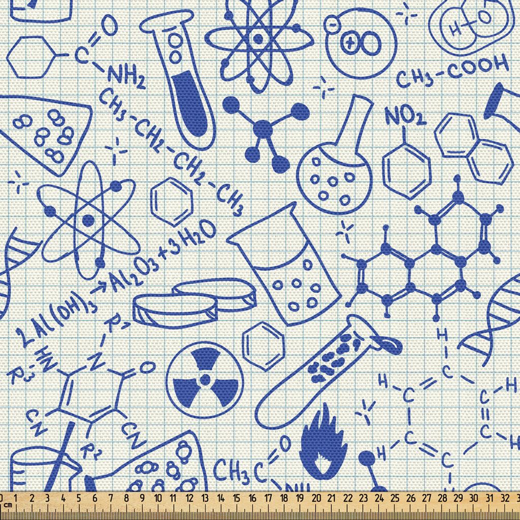ABAKUHAUS Kinder Gewebe als Meterware, Physik Elemente Molekulen Atom Formel Nerd Geek Illustration, 5 M (148 x 500 cm), Blau und Elfenbein