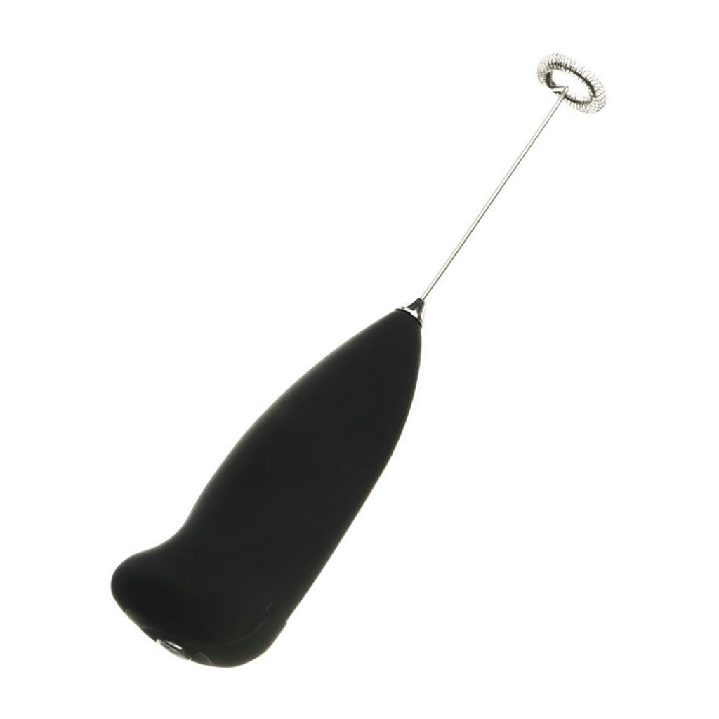 A black electric milk frother with a silver whisk is shown on a white background.