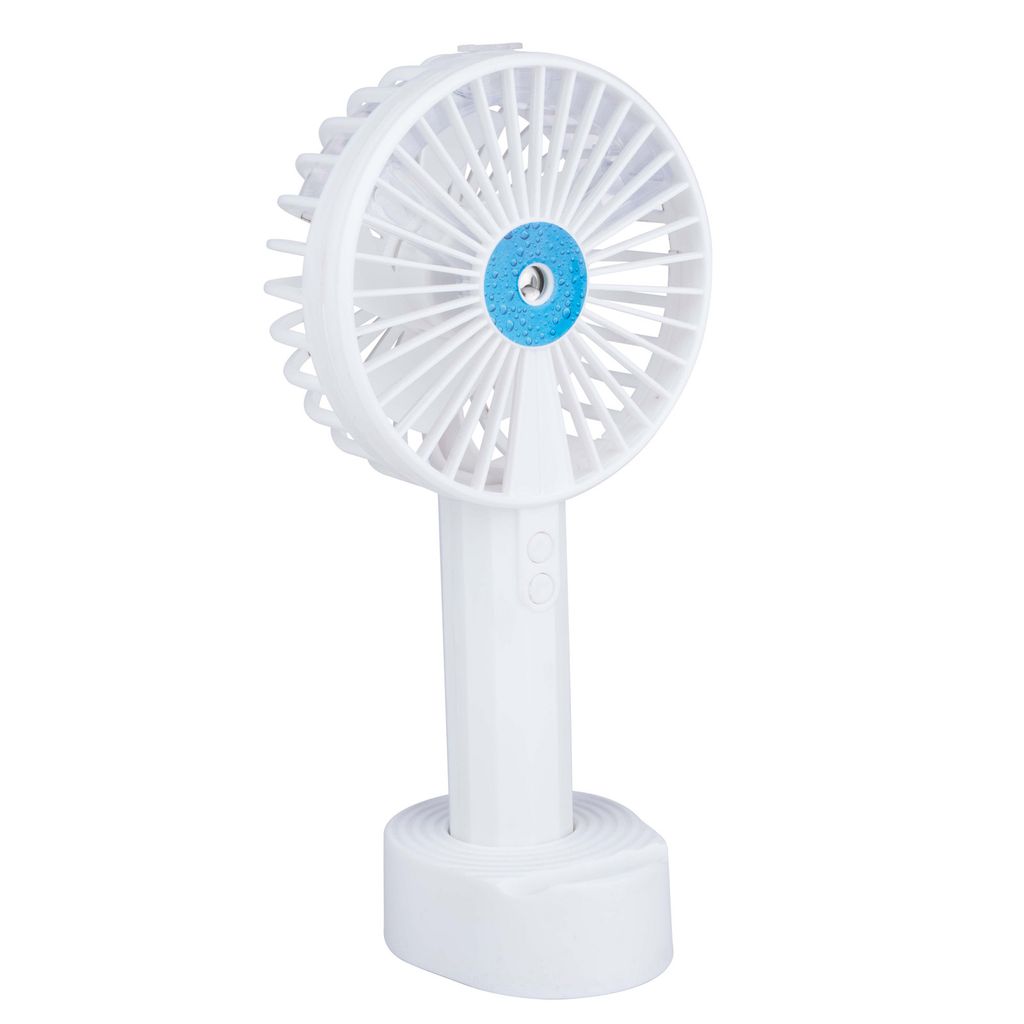 A white handheld fan with a blue center, resting on a white base, against a white background.