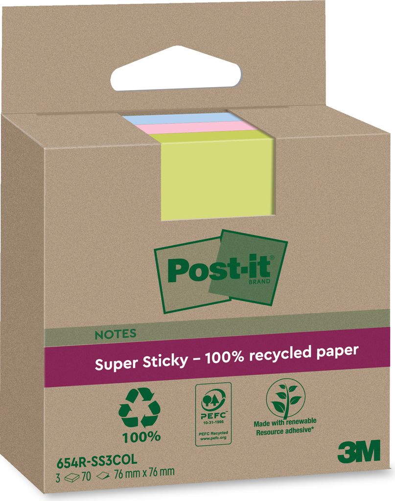 Post-it Super Sticky Recycling Notes 76 x 76 mm farbig 3 Blöcke á 70 Blatt