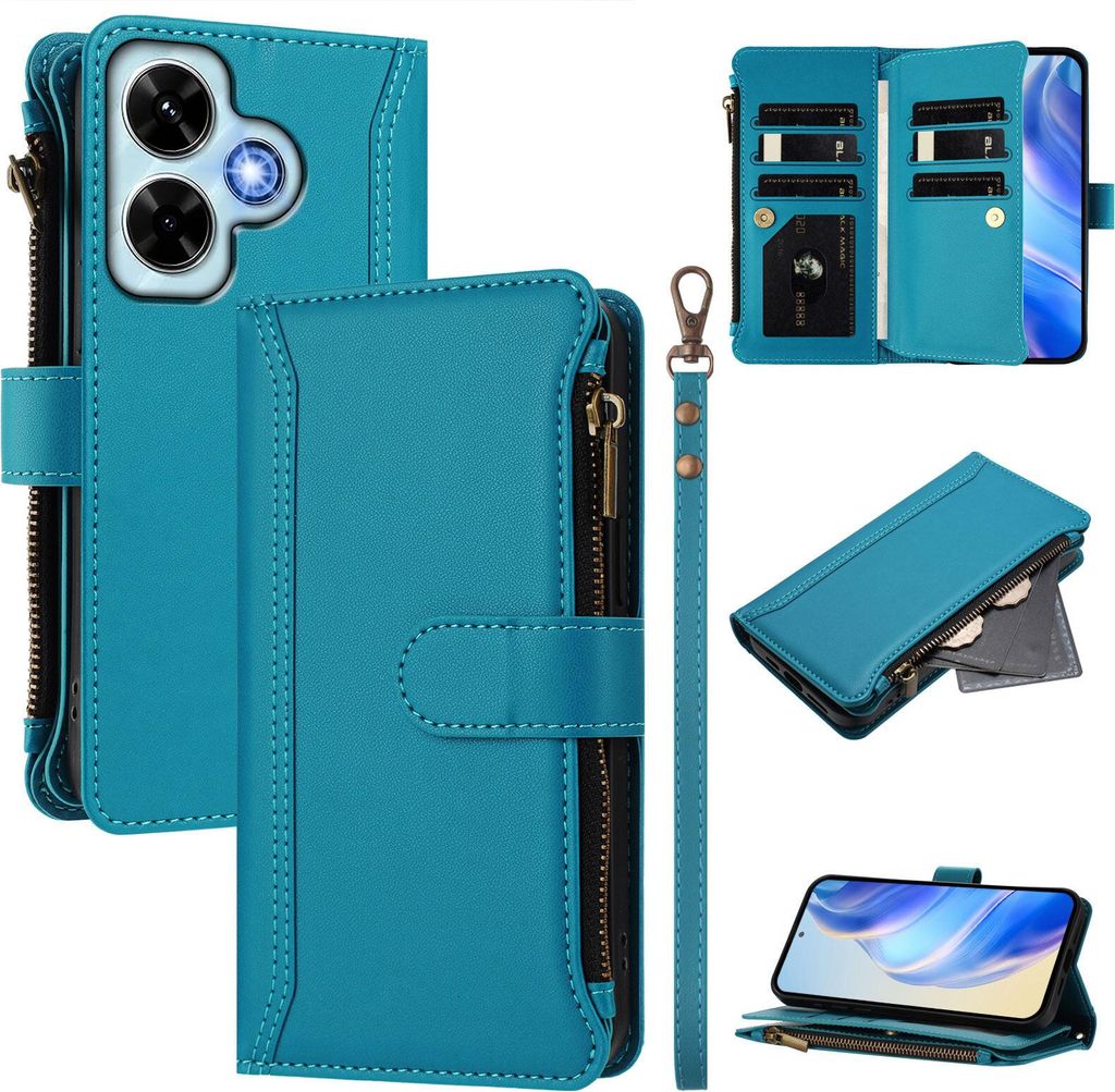 Handyhülle für Xiaomi Redmi Note 13 4G Reißverschluss Geldbörse Kunstleder Klapphülle mit Kartensteckplatz, Ständer, Handschlaufe Blau