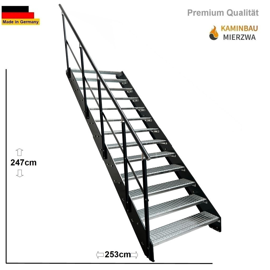 Stahl Wangentreppe Gitterroststufen 13 Stufen Geländer Links - Verzinkt & Anthrazit pulverlackierten Seiten - (B x H x T) 140 x 247 x 253 cm
