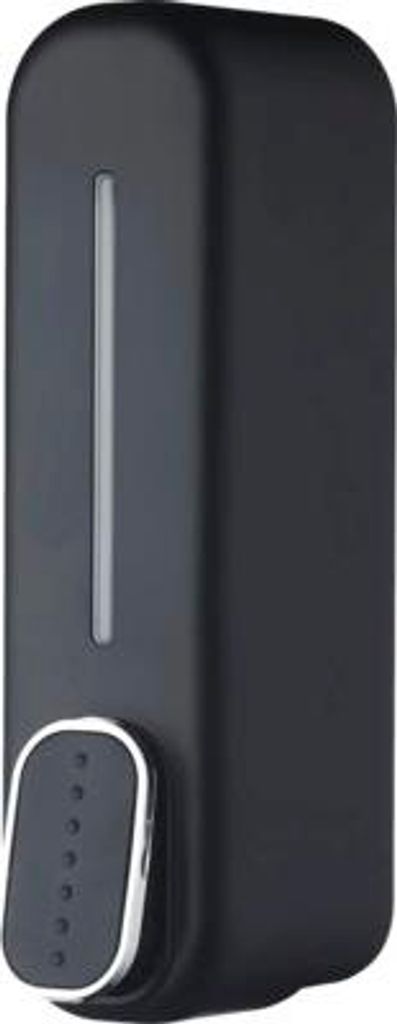 A black wall-mounted soap dispenser.