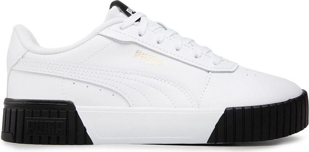 A white Puma sneaker with a black sole and black accents.