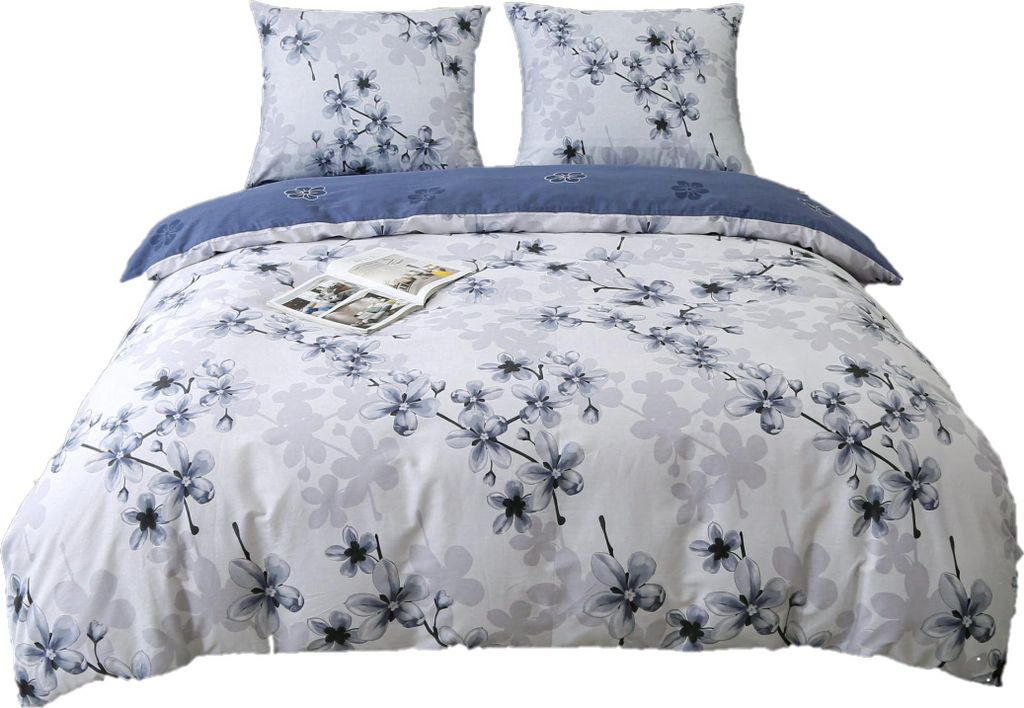 Satin Bettwäsche 220x200cm Blumen Marineblau