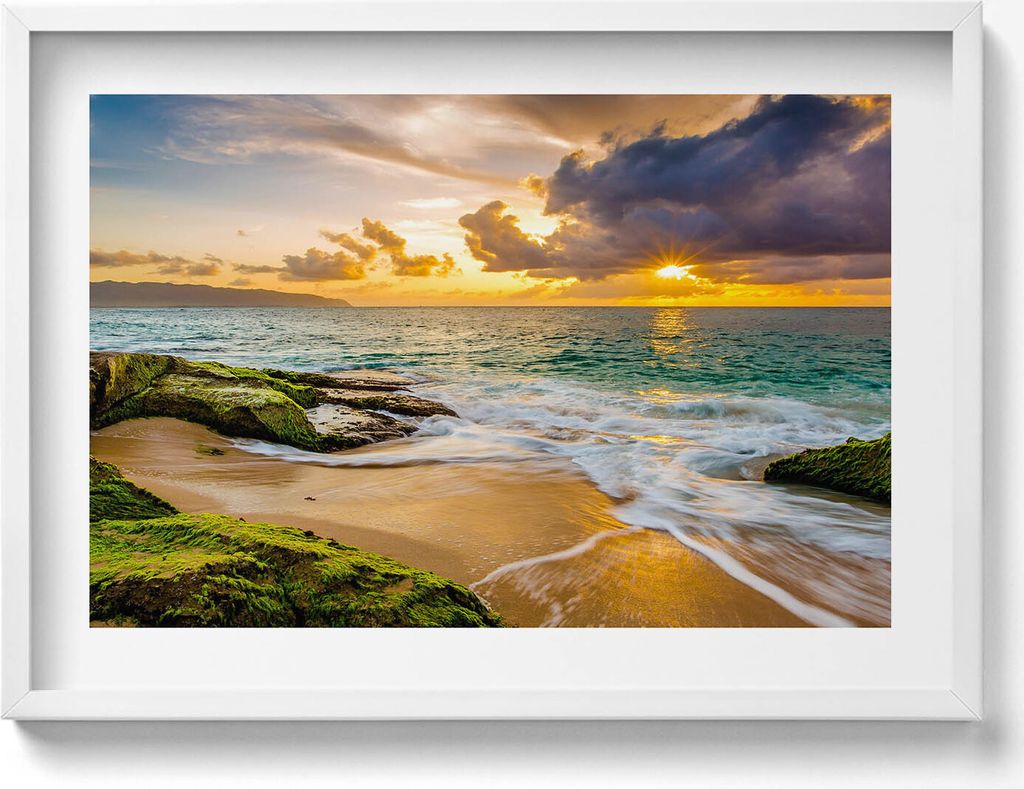 Strandufer bei Sonnenuntergang– Wandbild mit Rahmen – Gerahmtes Bild – Wanddekoration – 70x50 cm – Schwarz Rahmen