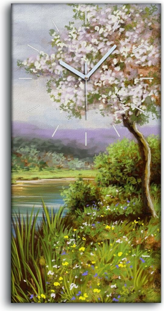 Wanduhr Bürouhr Leinwand Bild 30x60 Malerei Bäume Fluss Blumen Landschaft Natur - weiße Hände