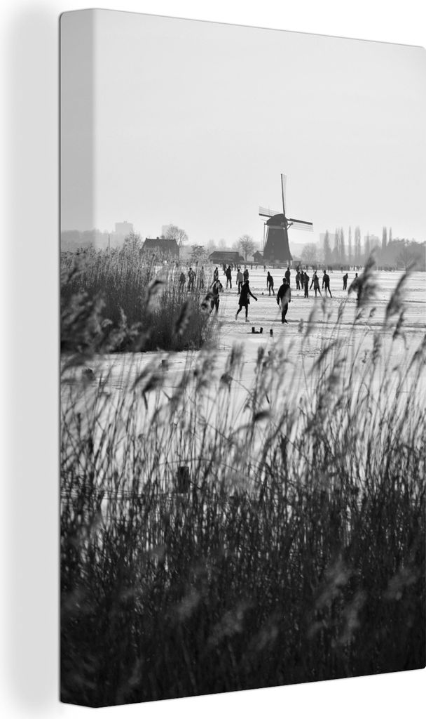 OneMillionCanvasses - Leinwandbilder - 90x140 cm, Menschen beim Schlittschuhlaufen in den Niederlanden - schwarz und weiß, Wandbilder Kunstdruck...