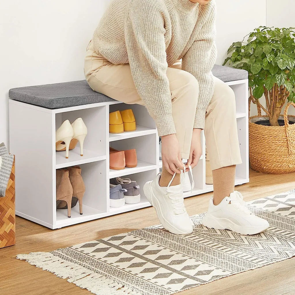 Banc de rangement chaussures 10 compartiments blanc et gris Leobert