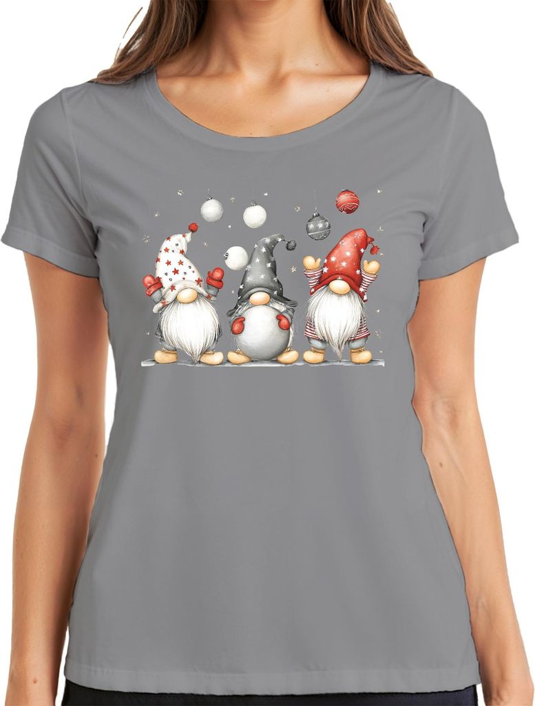 Drei Weihnachtswichtel niedlich Geschenk Zwerge Gnome Weihnachten Damen T-Shirt, Grau, XXL