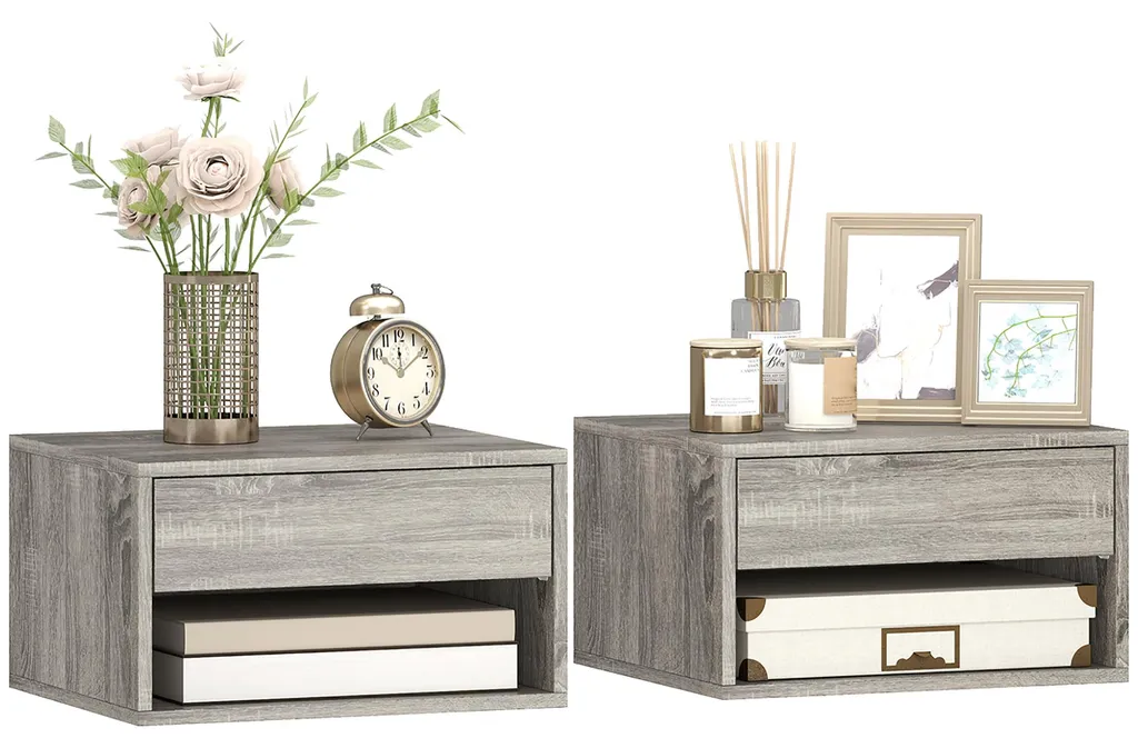 Lot de 2 tables de chevet murales grise avec tiroir, 37 x 32 x 21 cm