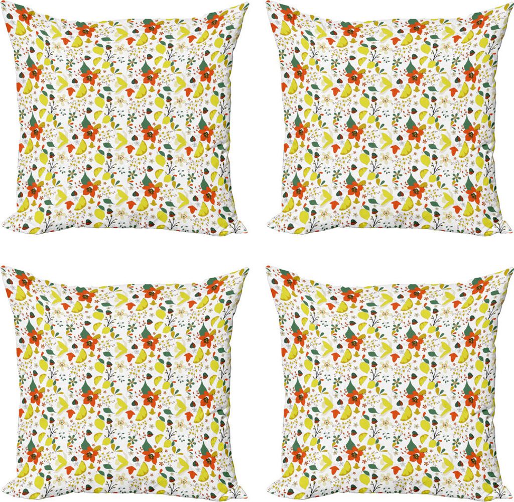 ABAKUHAUS Blumen Kissenbezug Set (4 Stück), Frühlings-Zitronen-Blätter, Moderner Doppelseitiger Digitaldruck, 45 cm x 45 cm, Rot, Gelb, Forest G...