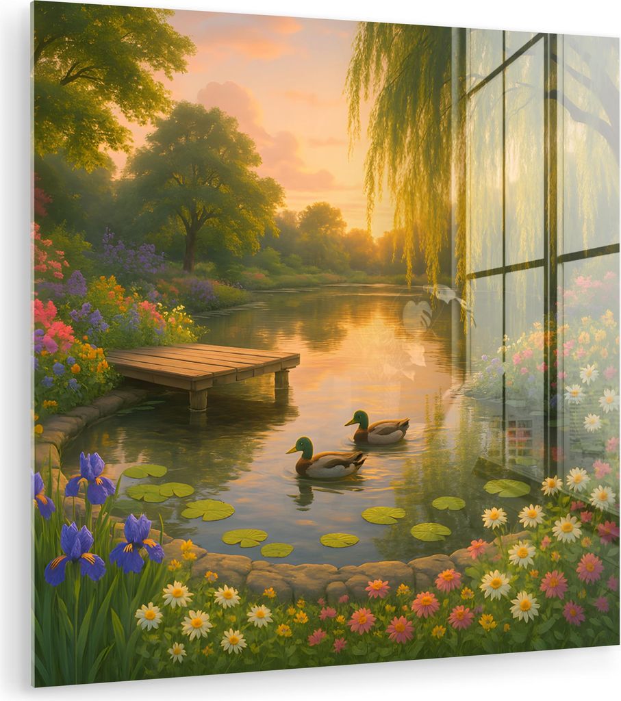 MuchoWow Glasbilder - Bilder auf Wandbild - Foto auf Glas Enten - Teich - Blumen 30x30 cm Wanddekoration aus Glas - Acrylglasbild - Acrylbilder