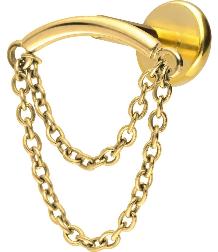 Ohrpiercing, Nasenpiercing Titan Labret mit Push Fit BOGEN + 2 KETTEN Gold Stablänge: 7mm | Stabstärke: 1mm