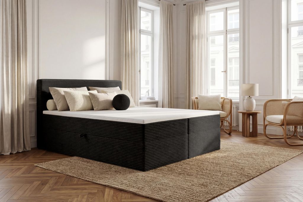 TRADA Boxspringbett TILIA 140×200 mit TOPPER mit Bettkasten Bonell H3 Schwarz