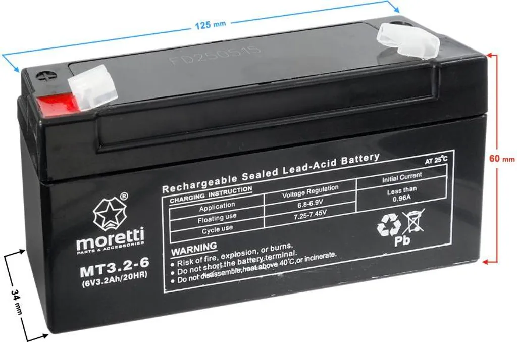 Batteria 6V 3.2Ah Moretti MT3.2-6 per Gruppi di Continuità UPS