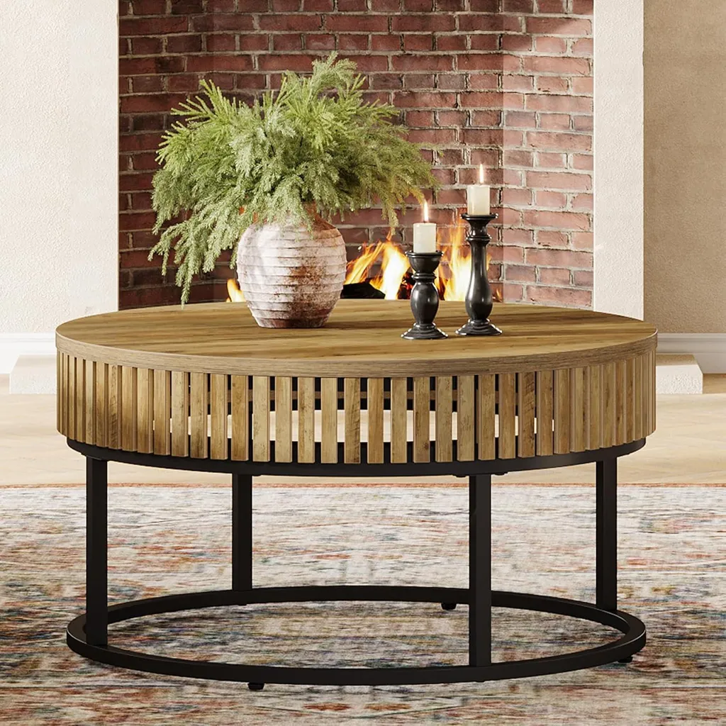 Tribesigns Table basse ronde 80 cm en bois marron clair style industriel - 4