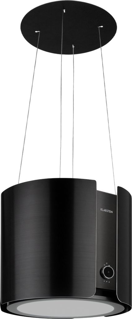 A black, cylindrical hanging range hood is shown against a white background.