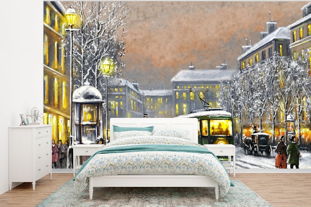 MuchoWow Fototapete für Wohnzimmer oder Schlafzimmer Wandtapete Vinyl Motivtapete Gemälde - Ölgemälde - Winter - Straßenbahn - Pferd - 400x3...