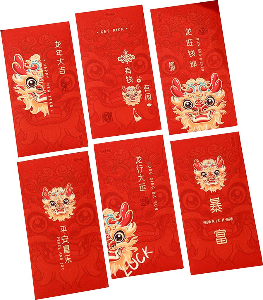 6 Stück roter Umschlag 2024 Drachenjahr rote Umschläge Cartoon-Design Frühlingsfest rote Tasche für Neujahr festlich A