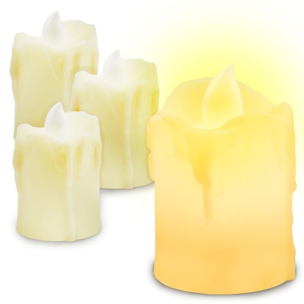 Four LED candles with a dripping wax effect, one of which is lit and glowing.