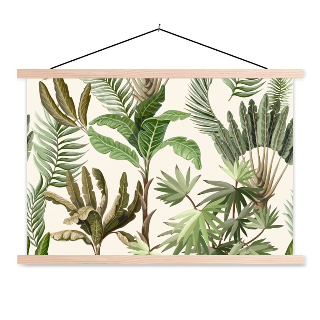 MuchoWow Textilposter Dschungel - Palme - Bananenstaude - Kinder - Natur - Pflanzen 120x80 cm mit holzfarbenen Rahmen - Aufhängeset
