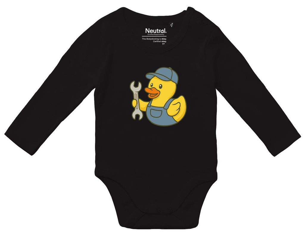Huuraa Baby Body Quietscheente Kfz-Mechatronik Comic Gummiente 74 Black Baumwolle Fairtrade Langarmbody Geschenkidee
