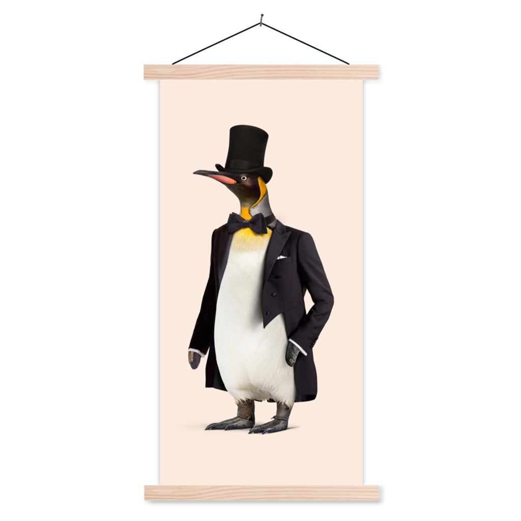 MuchoWow Textilposter Pinguin - Tier - Hut - Colbert - Schwarz 60x120 cm mit holzfarbenen Rahmen - Holz