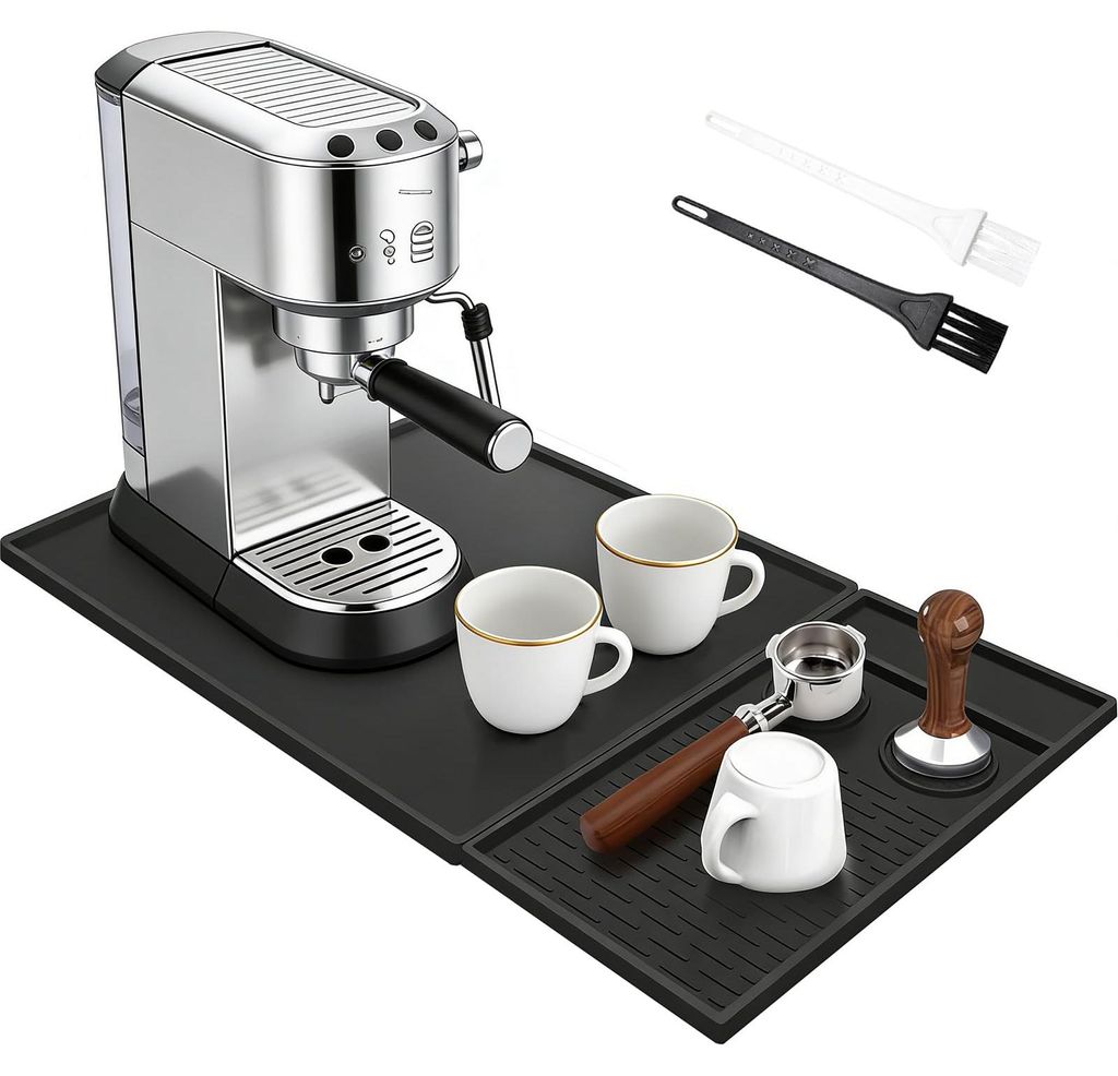 2-in-1-Abtropfmatte für Kaffeemaschinen mit separater Abtropfschale und zwei Reinigungsbürsten, rutschfest und hitzebeständig – Schwarz – 51...