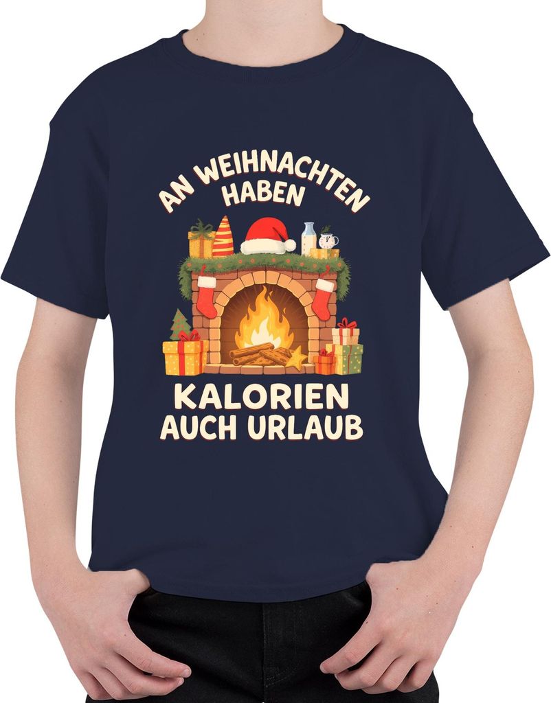 An Weihnachten haben Kalorien auch Urlaub Geschenk lustig Kamin Uni Kinder T-Shirt, Navy, 128