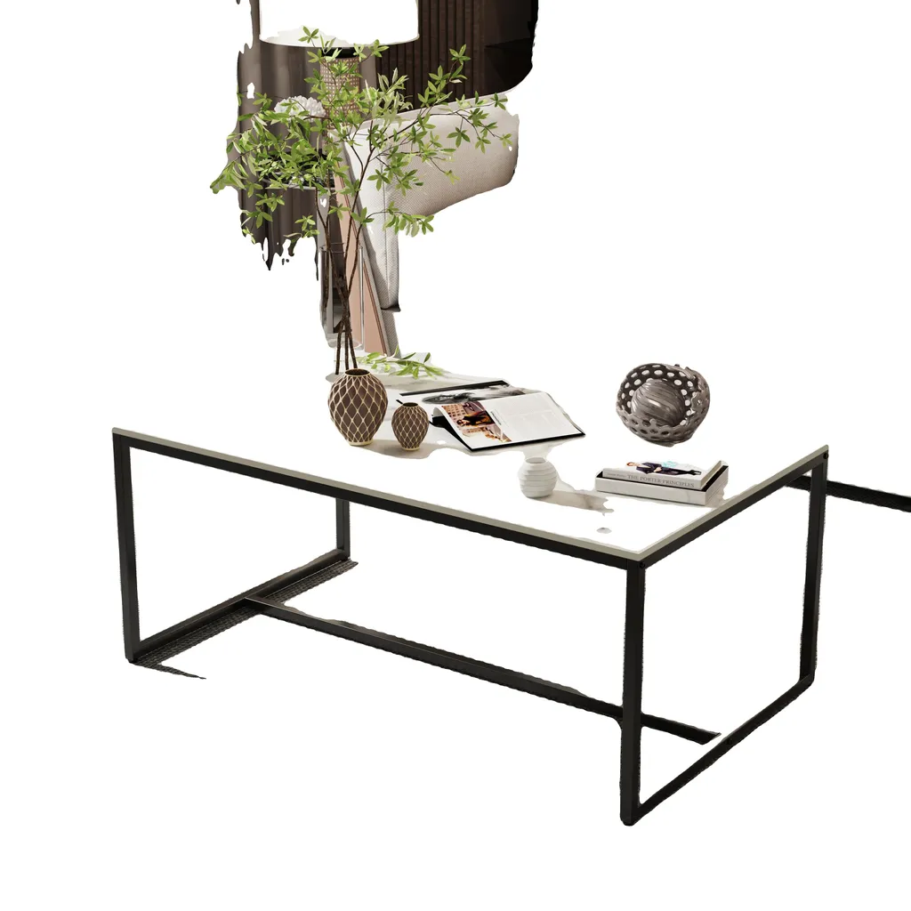 Table basse en aggloméré blanc avec cadre métallique noir stable 110cm