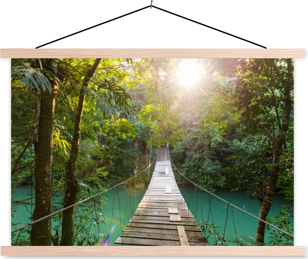 MuchoWow Textilposter Dschungel - Wasser - Brücke - Natur - Pflanzen 60x40 cm mit holzfarbenen Rahmen - Bilder