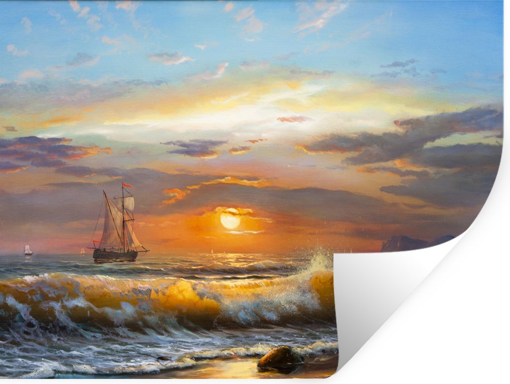 MuchoWow Wandtattoo Wandsticker Wandaufkleber Malerei - Wasser - Segelboot - Ölfarbe 40x30 cm Selbstklebend und Repositionierbar - Faltenfrei