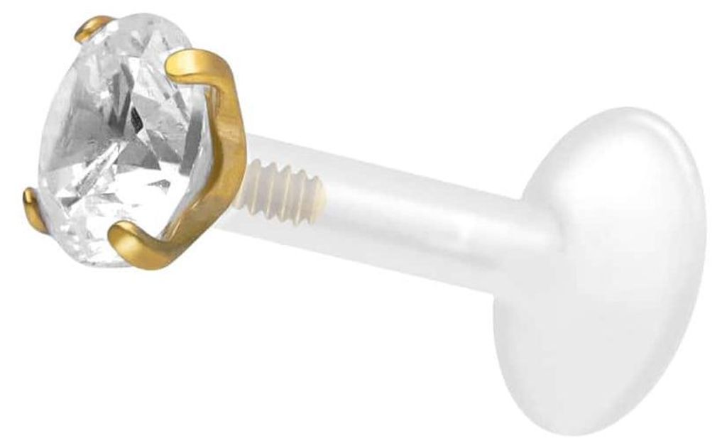 Ohrpiercing, Nasenpiercing PTFE Labret mit Innengewinde + Titan-Aufsatz EINGEFASSTER KRISTALL Gold Stablänge: 9mm | Stabstärke: 1,2mm | Kristallg...