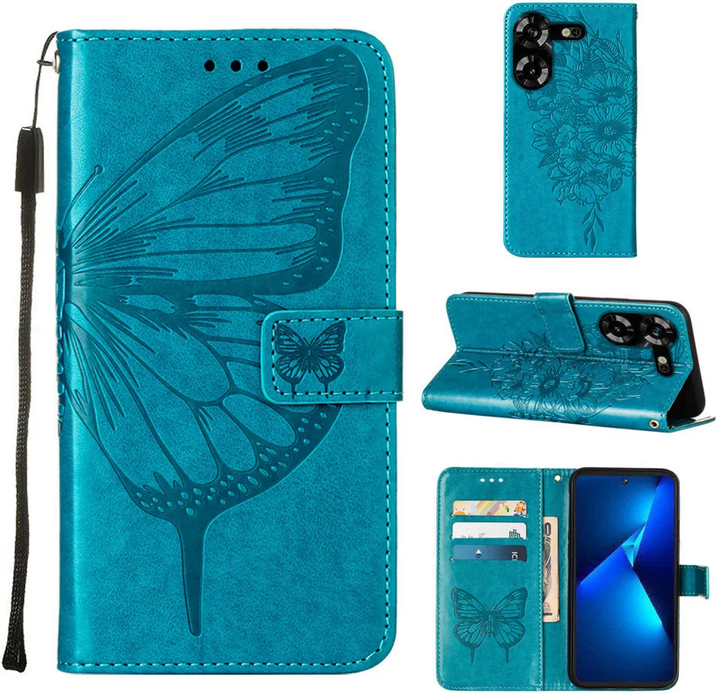 Custodia Professionale Tecno Pova 5 LH7N Pelle Blu Farfalla Embossed