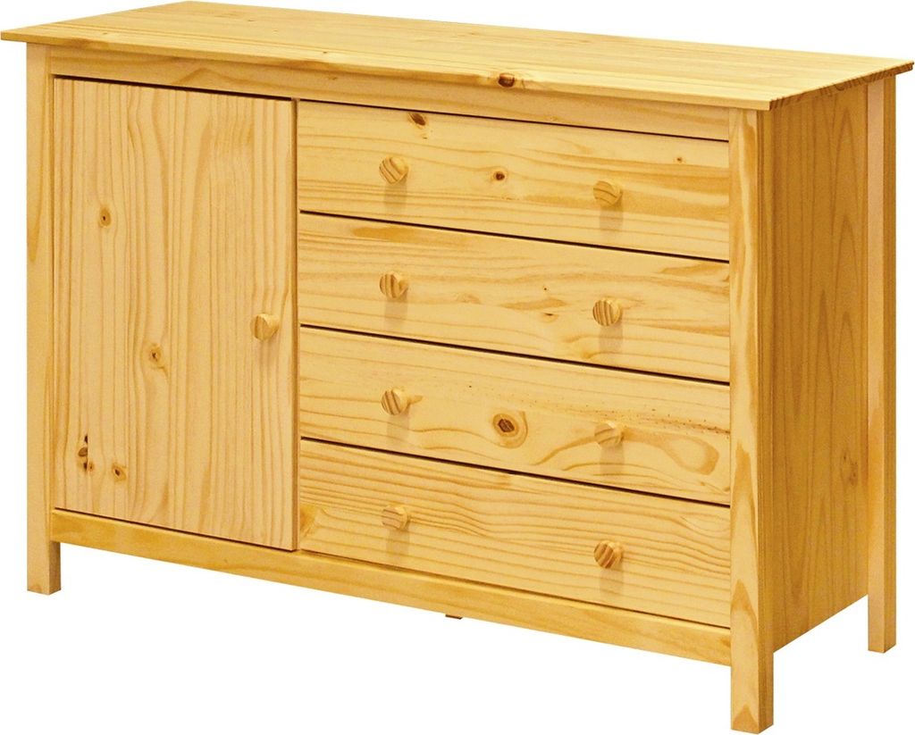 Möbilia Kommode | 1 Tür, 4 Schubladen | Kiefer-Holz, natur lackiert | B 120 x T 40 x H 80 cm | 19020041 | Serie KOMMODE