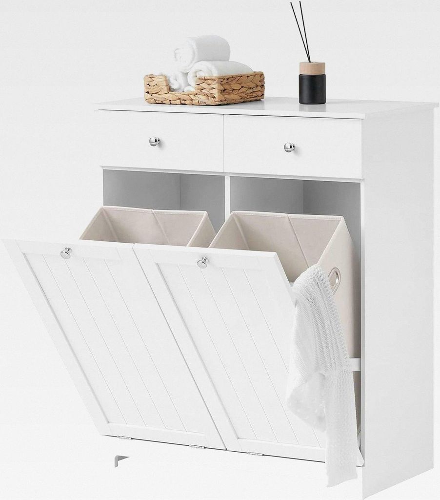 Badezimmerschrank mit Wäschekorb - Badschrank mit 2 Wäschesäcken, 2 Schubladen - Stabiler Wäscheschrank für Bad, Waschküche - Modernes Badmö...