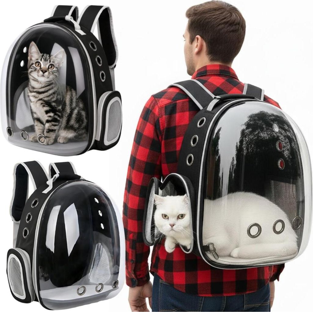 A collage of images showing a person wearing a pet carrier backpack with a cat inside, and close-ups of the backpack with different cats.