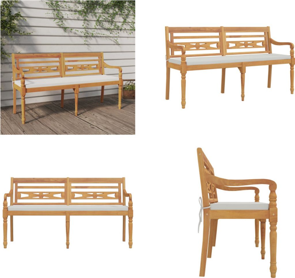 vidaXL Batavia Bank mit Kissen 150 cm Massivholz Teak - Batavia-Bank - Batavia-Bänke - Gartenbank - Bank