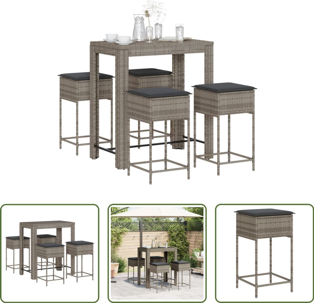 The Living Store 5-tlg. Gartenbar-Set mit Kissen Grau Poly Rattan