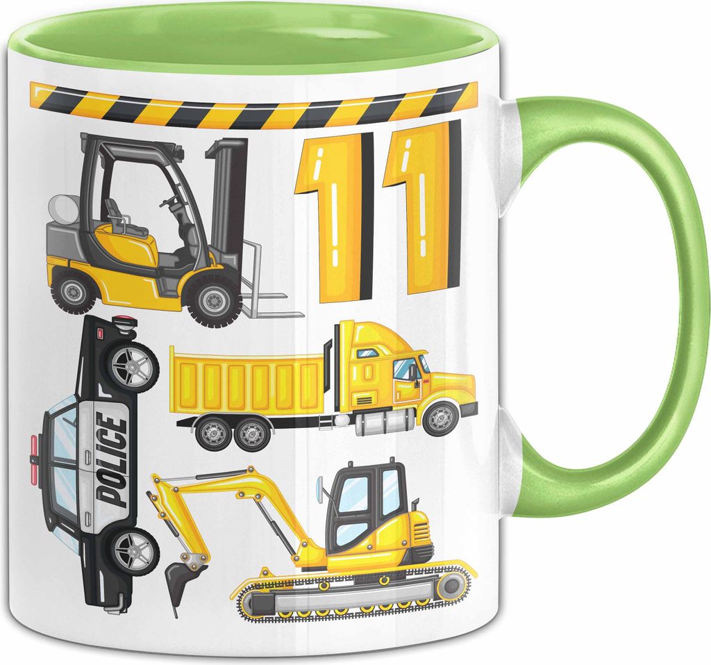 11. Geburtstag Geschenk Tasse Becher Jungen Jungs Baustelle Polizei Geburtstagsgeschenk 11 (Grün)