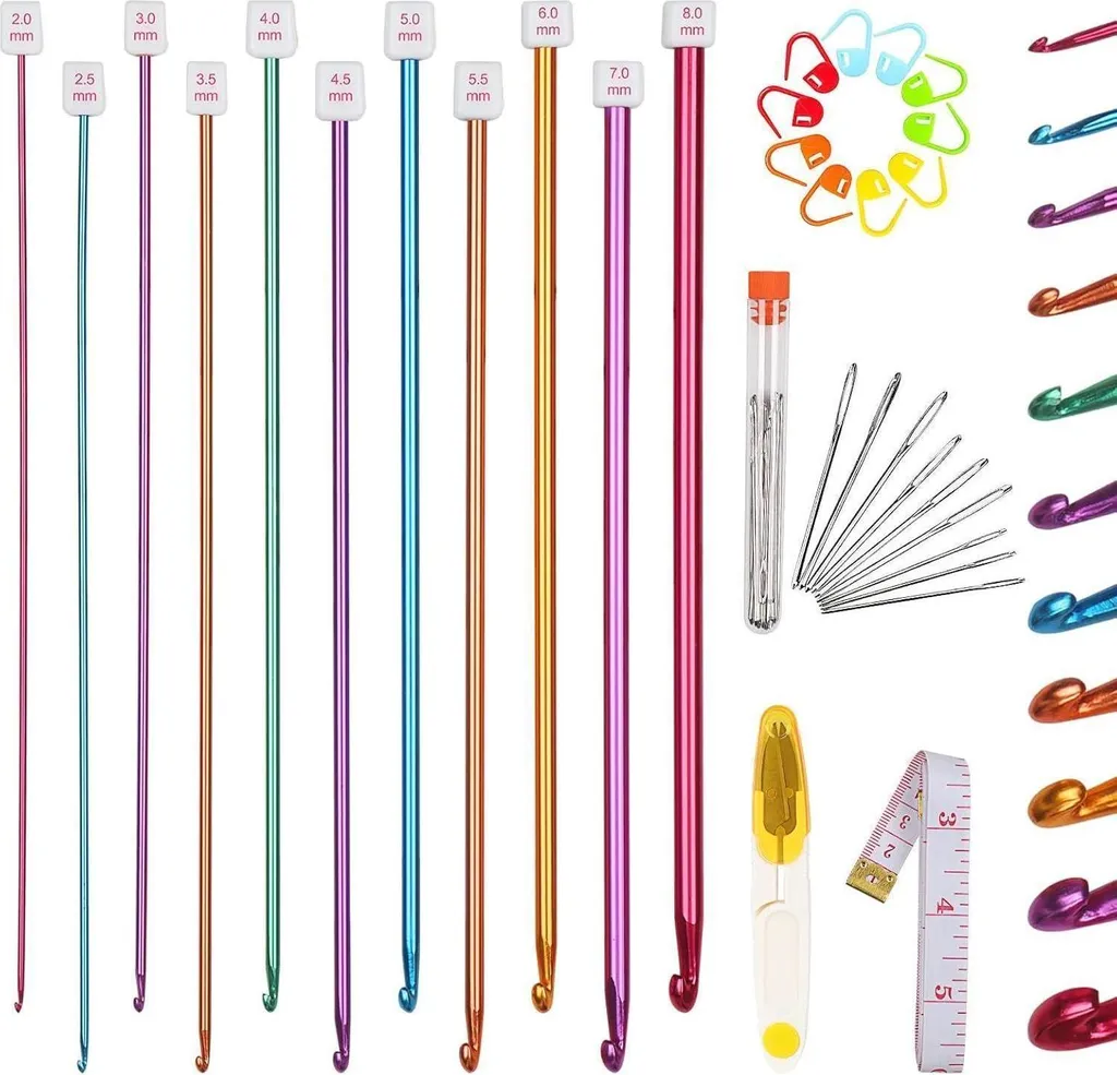 Kit Crochet Tunisien Ergonomique en Aluminium Lisse 11 Tailles de 2-8 mm
