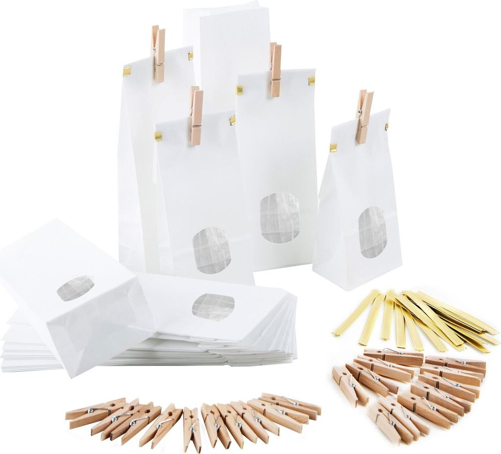 Weiße Blockbodenbeutel mit Sichtfenster + Verschluss – 7 x 20,5 cm – lebensmittelechtmit Fenster & Clips / 25 Stück