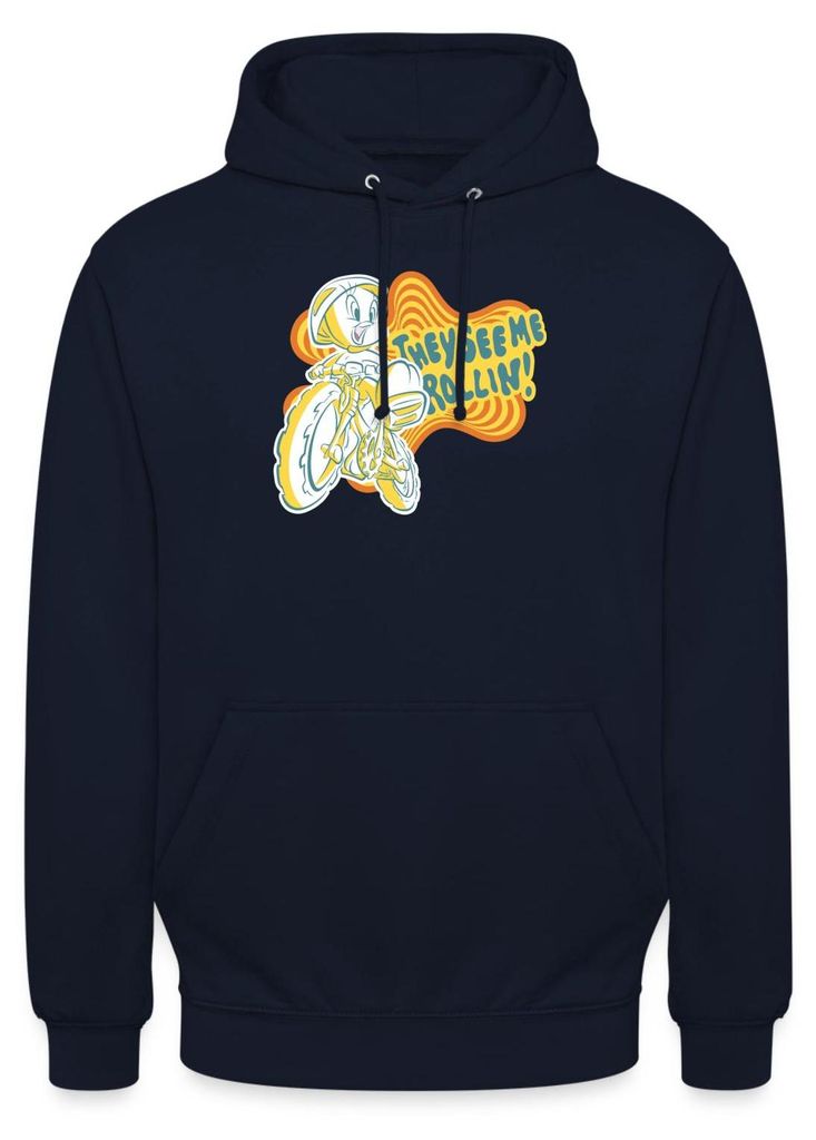 Spreadshirt Looney Tunes They See Me Rollin' Tweety Fahrrad Uni Hoodie, XXL, Navy