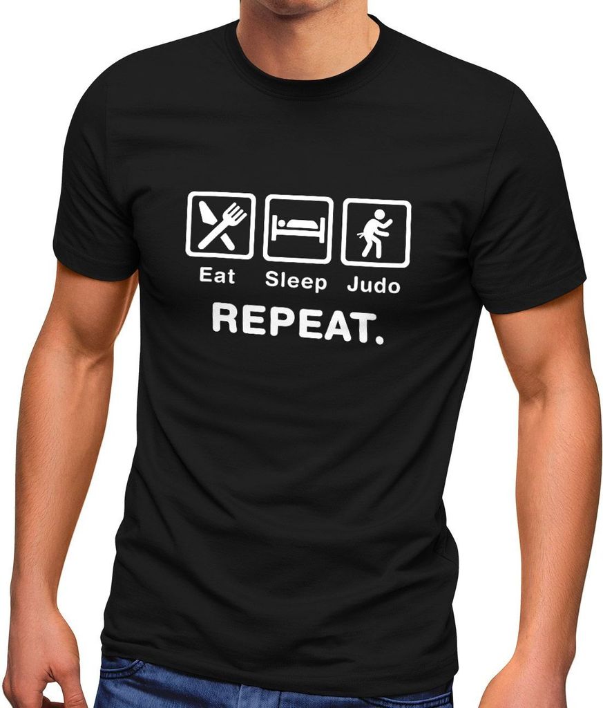 Herren T-Shirt mit Spruch Eat Sleep Repeat Mega Mix Fun-Shirt lustige Geschenke Moonworks Judo schwarz 5XL