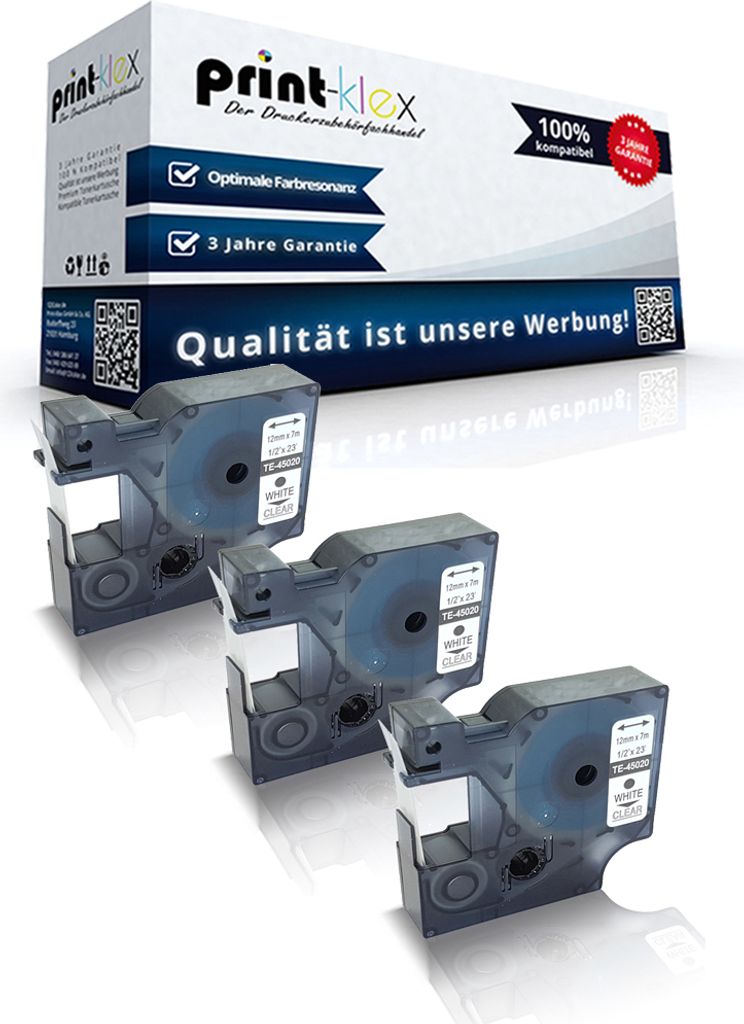 3x Kompatible Schriftbänder für Dymo D1 45020 MobileLabeler Labelpoint 100 150 200 250 300 350 Labelwriter 400Duo S0720600 12 mm 7 m Weiss / Klar...