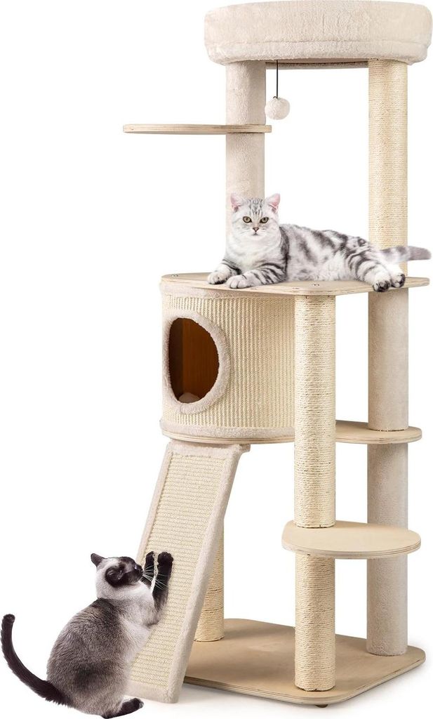 Kratzbaum/Kletterturm - Kratzsäulen - 5 Ebenen, Holz, Sisalstämme, Kratztonne, Plattformen, Leiter & Spielball