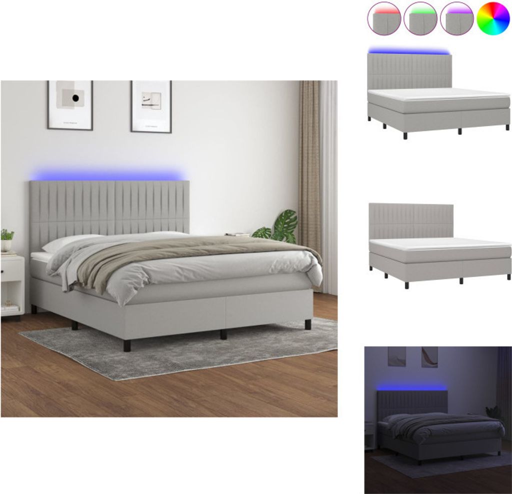 vidaXL Boxspringbett mit Matratze & LED Hellgrau 180x200 cm Stoff - Betten & Bettgestelle