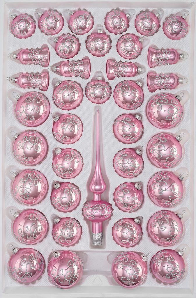 39 tlg. Glas-Weihnachtskugeln Set in Hochglanz-Rosa-Silberne-Ornamente